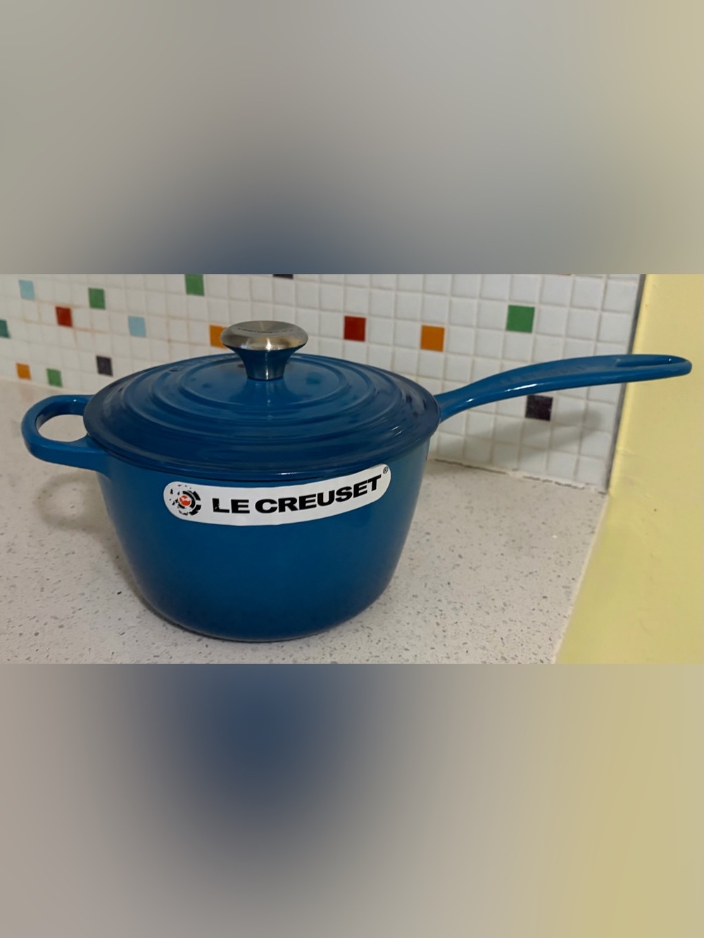 LeCreuset 2.25 quart enameled cast iron saucepan with lid in box Marseille blue